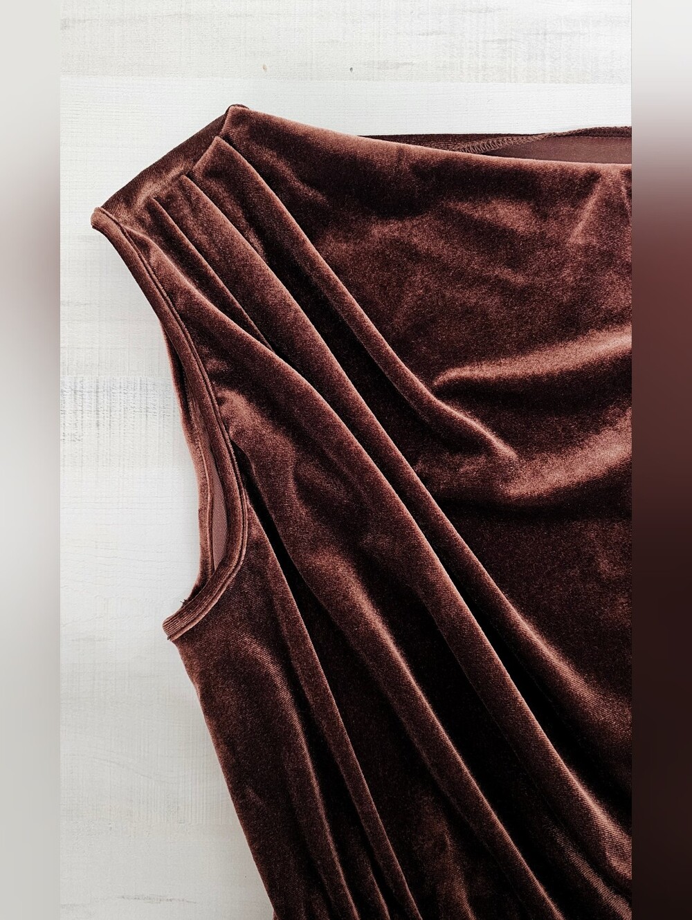 New Luxe Velvet Asymmetrical Midi Dress Brown - Picture 9 of 13
